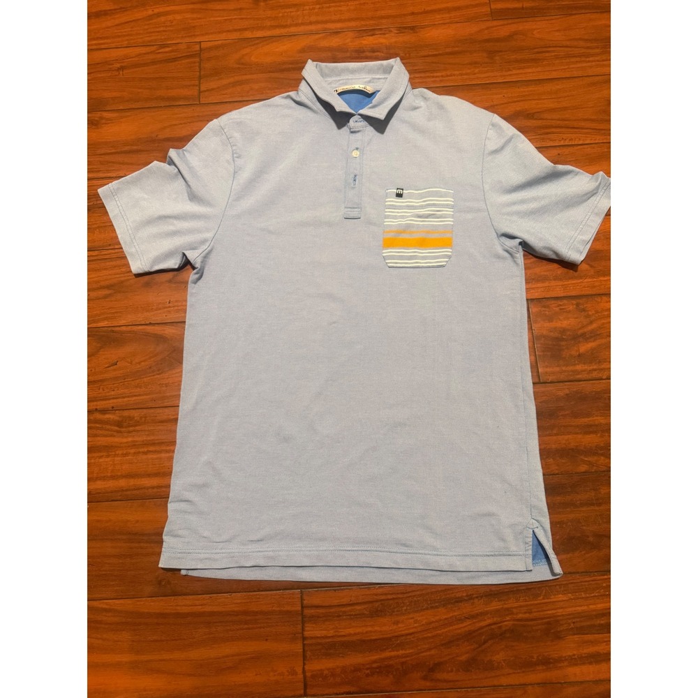 TravisMathew Mens Blue Striped Pocket Polo Shirt Short‎ Sleeve Golf Top Size M